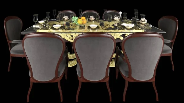 classic dining table with dining chairs, fruits and wine isolated in black background. 3D rendered dining set view.