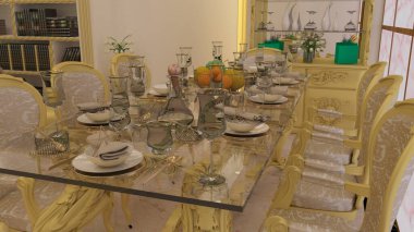 3D Illustration klasik stil lobisini konsolla hazırlar. beyaz, siyah ve altın temalı klasik kombinasyonlar.