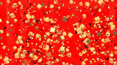 Altın küplü ve sarı üçgenli kırmızı arkaplan. mutluluk arkaplanı 3d oluşturucu