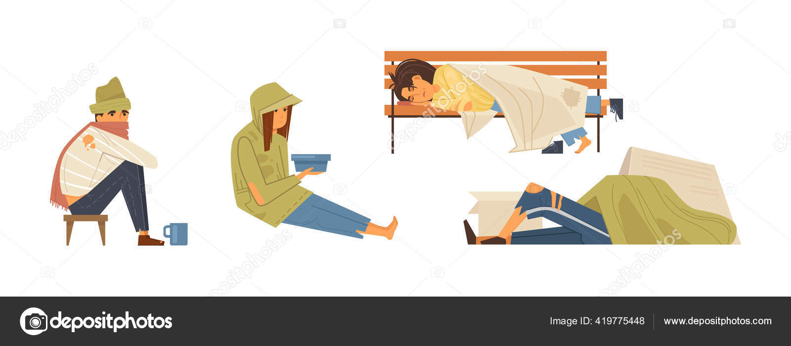 Homeless People Concept Unemployed Homeless People Housing Street Adult  Person Stock Vector by ©ansvetas 419775448, image size:1600x700