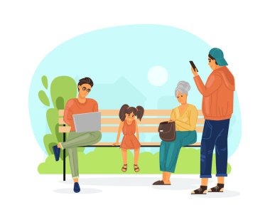 İnsanlar yaz caddesinde şehir parkında yürüyor. Çocuklu aileler, parktaki bir bankta dinlenen yaşlılar, mobil teknoloji karikatür vektörü kullanarak çalışmak ve iletişim kurmak.