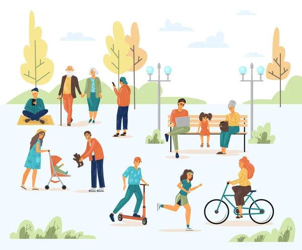 Люди Ходять Міському Парку Літній Вулиці Сім Пара Літні Люди — стоковий вектор