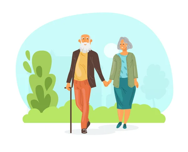 高齢者の愛のカップルの男性と女性は 湖の手を握って近くの公園を歩く 暖かい夏の天気の都市公園を歩く 高齢者が平らなベクトルを一緒に歩く — ストックベクタ