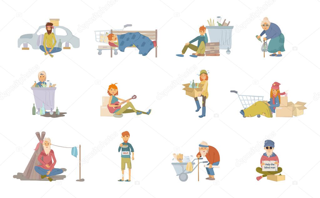 Homeless people concept. Unemployed homeless people who find themselves in crisis in difficult situations without housing on the street. Elderly needing help. Adult person begging money cartoon vector
