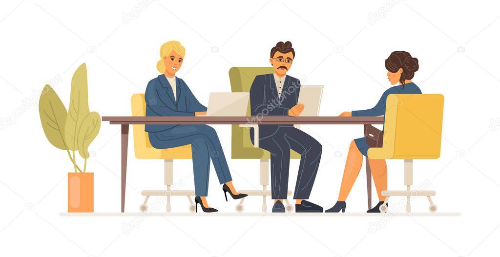 Interview job woman with an hr manager and vacancy director. Headhunting, recruitment, staff search, employment service, resume review. Hiring on work, job seekers at interview vacancy cartoon vector