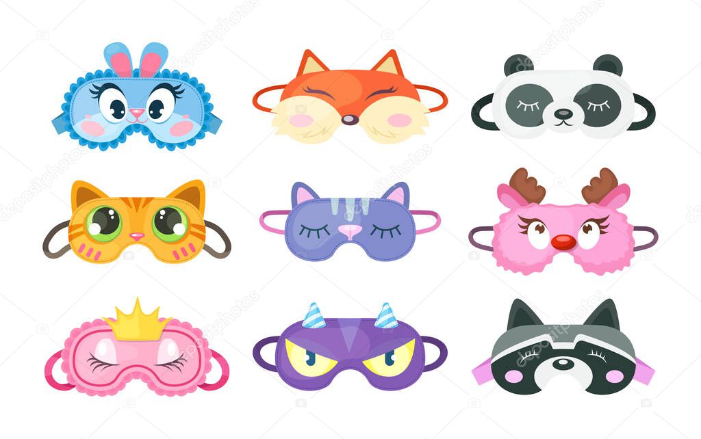 Eye mask sleeping night. Sleep masks form of different animals, Eye protection accessories, prevention of healthy sleep. Masks in form of cat, unicorn, raccoon, fox, bunny, panda, elk cartoon vector