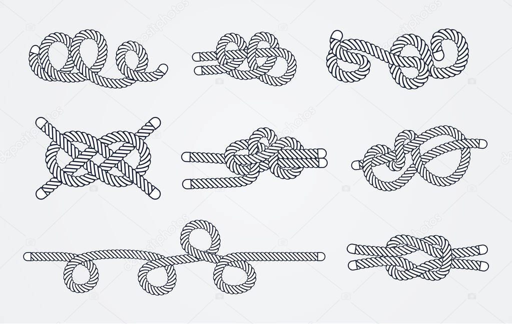 Sea rope knots and loops set. Marine rope and sailors ship knot, cord sailor borders, knot sail, package rope, looped string, nautical loop vector illustration isolated