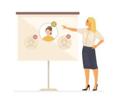 Personel araması. İş için adam toplamak, iş bulmak, boş bir pozisyon için çalışan aramak. İş yöneticisi kadın adayları seçer ve en iyi çizgi film vektörünü seçer