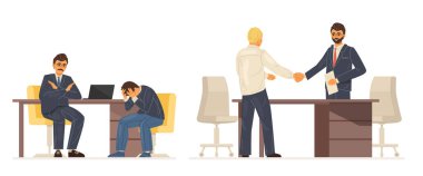 İş toplantısı, şirket müdürüyle iş görüşmesi, boş bir aday. Bir çalışanı işe almak ve işe almayı reddetmek. Hüsrana uğramış iş arayan biri iş arıyor. İşverenler, iş arayanlar çizgi film vektörü