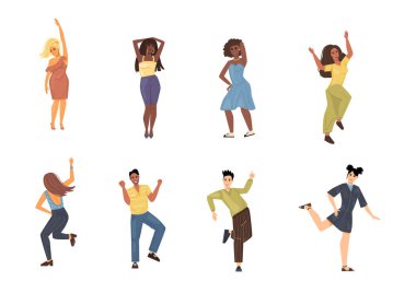 Dans eden insanlar. Genç erkekler, kadınlar, gençler, erkekler ve kızlar farklı ırklardan, siyahlardan, Hintlilerden, Avrupalılardan dansçılar. Arkadaşlar dans eder, genç mutlu dans grubu dans eder.