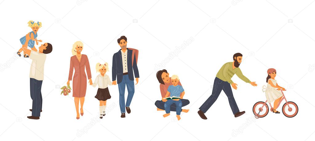 Family relationships, joint leisure, entertainment together. Going to school with flowers. Dad teaches daughter to ride bike, father, daughter are playing, mom is reading book with son ?artoon vector