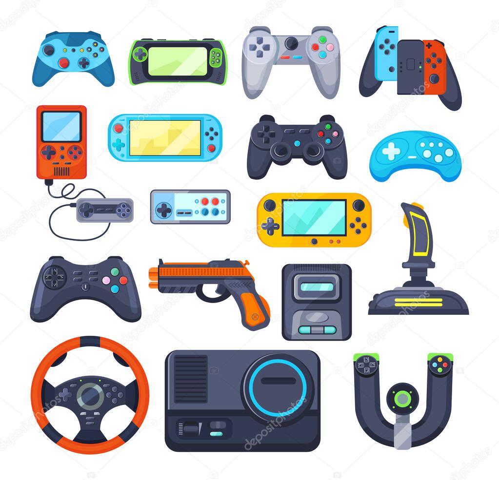 Set game console. Gamepad, playing joystick, video console, joy video games gadgets, wireless gamepad steering wheel. Retro modern devices for gamers gaming consoles cartoon vector