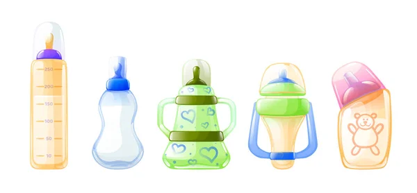 现实的婴儿奶瓶套装 色彩艳丽的奶瓶 用奶嘴 彩色塑料手柄和尺寸尺寸矢量3D隔离喂养新生儿的不同形状 — 图库矢量图片