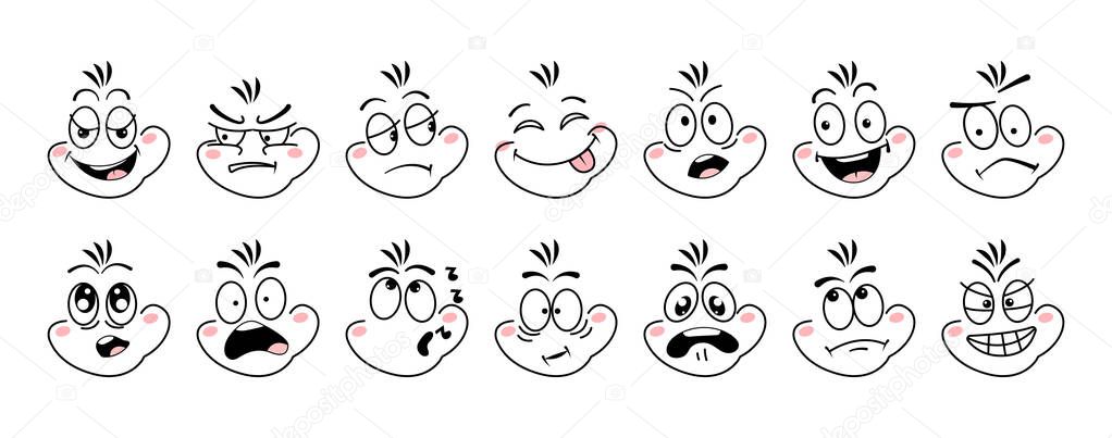 Cartoon face emoji eye. Expressive emotion eyes and mouth, smiling, crying and surprised character face. Emotions of joy, surprise, doubt, gloom, sarcasm, cunning, resentment, embarrassment vector