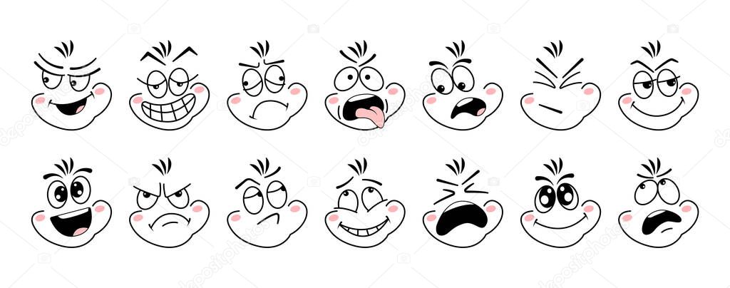 Cartoon face emoji eye. Expressive emotion eyes and mouth, smiling, crying and surprised character face. Emotions of joy, surprise, doubt, gloom, sarcasm, cunning, resentment, embarrassment vector