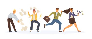 Deadline 'da fazla mesai yapıyorum. Panik içinde koşmak, öfkeyle gazeteleri dağıtmak. Ofis çalışanları, personelde iş, stres ve depresyon konusunda acele ediyorlar. Çalışanların son teslim tarihine yetişecek zamanları yok