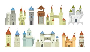 Ortaçağ kalesi seti. Peri masalı ortaçağ kulesi, ön cephe köşkü prenses kalesi, kapılarıyla güçlendirilmiş saray, muhteşem kral kalesi, ortaçağ binaları, tarihi karikatür evi vektörü.