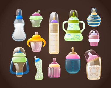 Gerçekçi süt şişesi seti. Yeni doğmuş bir bebeği beslemek için renkli renkli şişeler emzik meme uçları, renkli plastik saplar ve ölçü cetveli 3d izole edilmiş