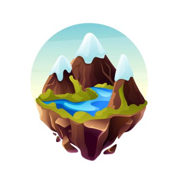 Oyun adaları koleksiyonu. Kuzey Amerika 'nın dağlık arazileri, dağ nehri ile kaplı karlı dağlar. Oyun tasarımı karikatür vektörü için dünyanın tabiatı