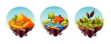 Oyun adaları koleksiyonu. Kaktüslü çöl, bataklık yüzeyi, kamışlı kara manzarası, nehir sistemli çimenlik arazi, ev. Oyun tasarımı karikatür vektörü için dünyanın tabiatı