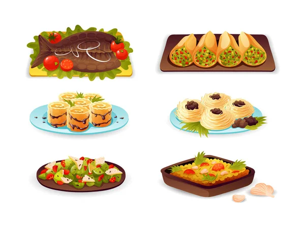 Ramadán Comida Vacaciones Iftar Fiesta Árabe Platos Musulmanes Platos Dulces — Vector de stock