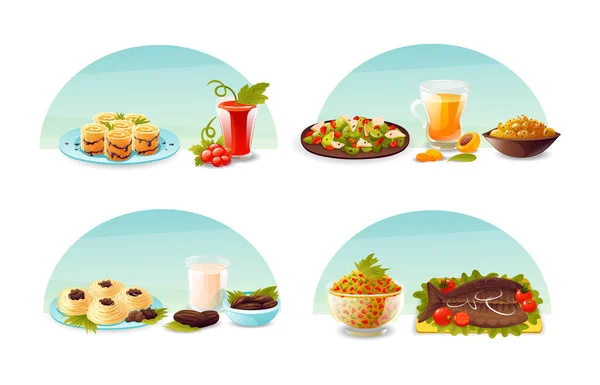 Ramadán Comida Vacaciones Iftar Fiesta Árabe Platos Musulmanes Platos Dulces — Vector de stock