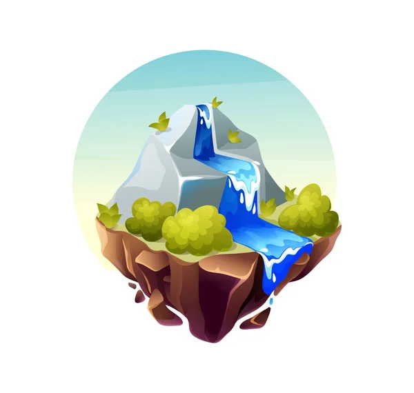 游戏岛收集 石岛上有瀑布 树木和植被 游戏设计卡通人物的自然景观 — 图库矢量图片
