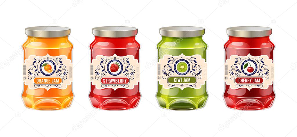 Jar label mockup. Glass realistic jars with labels fruit jam. Retro vintage templates for labels of berry jam - strawberry, kiwi, orange, cherry. Templates packaging for jam identity, branding vector