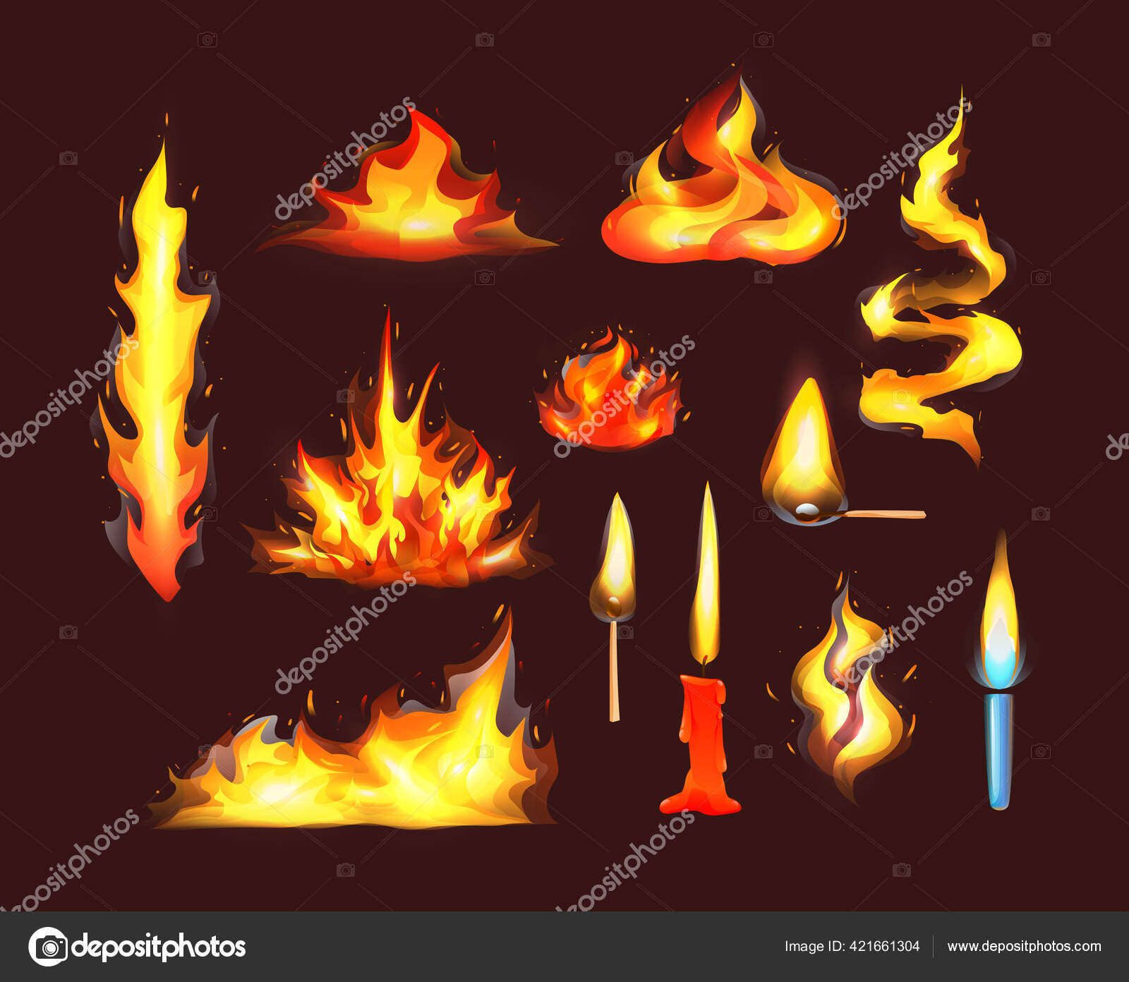 Conjunto De Chamas De Fogo Realista. Chama De Fogo Ardente Vermelha E  Laranja Quente Flamejante Calor Explosão Cartoon, Energia De Chama Quente,  Ilustração Vetorial De Animação De Fogo Royalty Free SVG, Cliparts