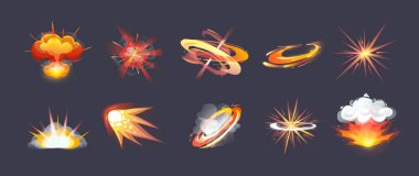 Oyun çizgi roman patlama efektleri için animasyon. Enerji patlaması, alev bulutu, hareket patlaması, yangın, komik güç patlamaları. Alevli bir patlamanın etkisi, parçacık karikatür vektörü