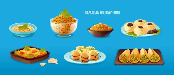 Cibo Vacanza Ramadan Iftar Partito Piatti Musulmani Arabi Piatti Dolci — Vettoriale Stock