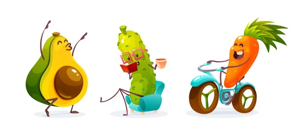 Αστεία Φρούτα Και Λαχανικά Χαρακτήρα Κινουμένων Σχεδίων Αβοκάντο Αγγούρι Και — Διανυσματικό Αρχείο
