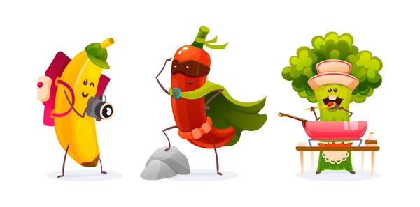 Divertido Personaje Dibujos Animados Frutas Verduras Banano Turístico Con Cámara — Vector de stock