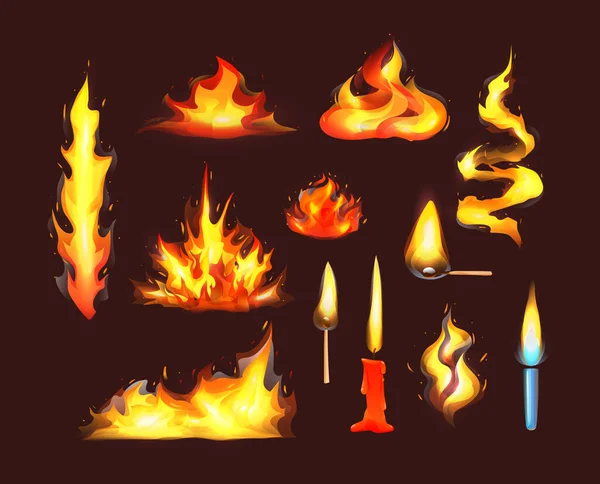 Realistic Fire Flames Set Red Burning Fire Flame Orange Hot — Stock Vector