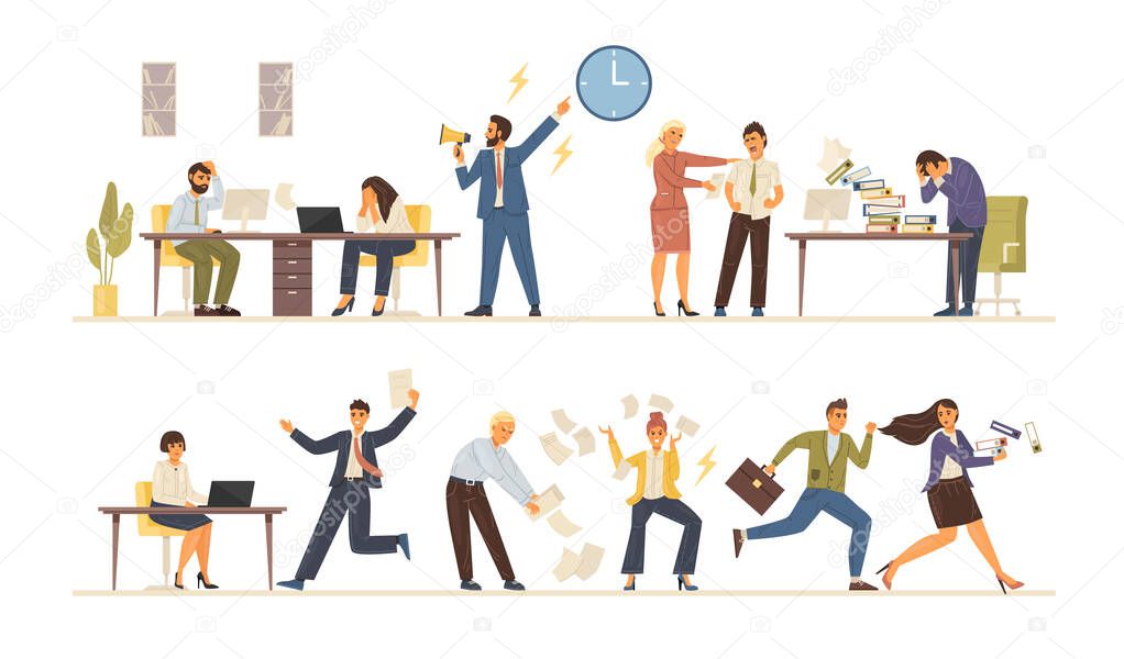 Working overtime at Deadline. Running in panic, scatter papers in anger. Office workers hurry up with job, stress, depression in staff. Angry boss shout at employees who fail to meet deadline vector
