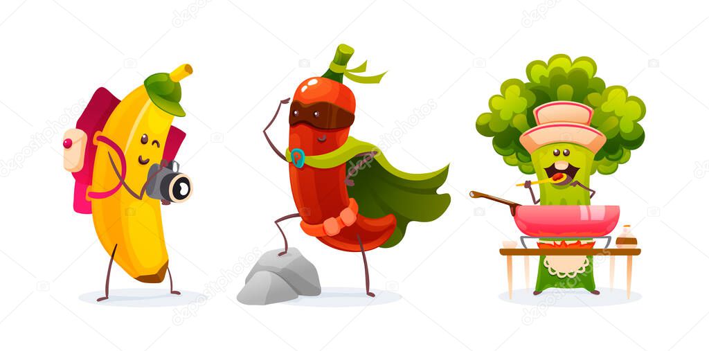 Funny fruits and vegetables cartoon character. Tourist banana with camera and backpack, broccoli chef preparing food, superhero pepper in mask and cloak. Cute food characters isolated vector