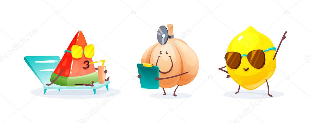 Funny fruits and vegetables cartoon character. Character watermelon resting on the beach and drinking cocktail, lemon dances, doctor pumpkin treats fruits and vegetables. Cute food characters vector