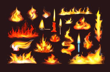 Gerçekçi alevler yakıldı. Kırmızı yanan ateş ve turuncu sıcak ateş patlaması çizgi filmi, sıcak alev enerjisi, ateş animasyonu vektör çizimi