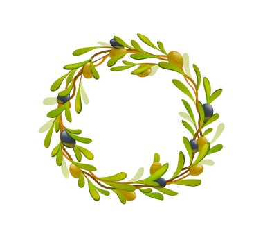 Organik zeytin ürünleri seti. Siyah ve yeşil zeytin çelengi. Sağlıklı organik ürünler çizgi film vektörü
