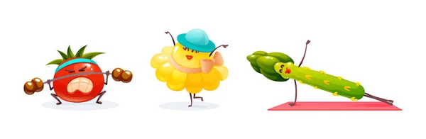 Divertido Personaje Dibujos Animados Frutas Verduras Verduras Bailando Haciendo Deporte — Archivo Imágenes Vectoriales