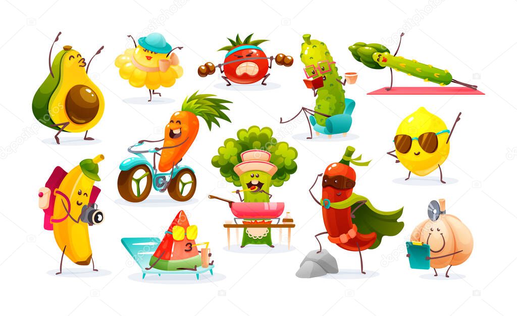 Funny fruits and vegetables cartoon character. Vegetables and fruits go in for sports, prepare food, ride a bike, relax, read, go hiking. Cute food characters isolated on background vector