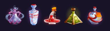 İksirli sihirli şişe kavanozları. Renkli sıvılarla izole edilmiş sihirli kavanozlar. Zehirli, panzehirli, iksirli cam şişelerde iksir. Oyun arayüzü elemanı çizgi film vektörü için fantezi kimyasal kavanozlar
