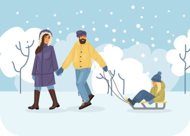 Kış parkındaki aktif insanlar. Kış zamanı. Mutlu aile yürüyüşleri ve kızakta çocuk sürüşleri. Açık hava kış aktiviteleri çizgi film vektör çizimi