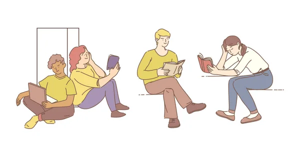 本を読んでいる人々のグループ 多文化共生学 女の子 男の子は一緒に座っている間 ガジェット ノートブック 勉強を保持し お互いに通信します 教育理念 — ストックベクタ