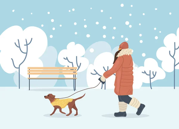 Active People Winter City Park Winter Time Girl Walks Dog — Stock Vector