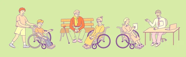 Zdravotně Postižení Lidé Invalidním Vozíkem Starší Muž Lavičce Komunikuje Starší — Stockový vektor