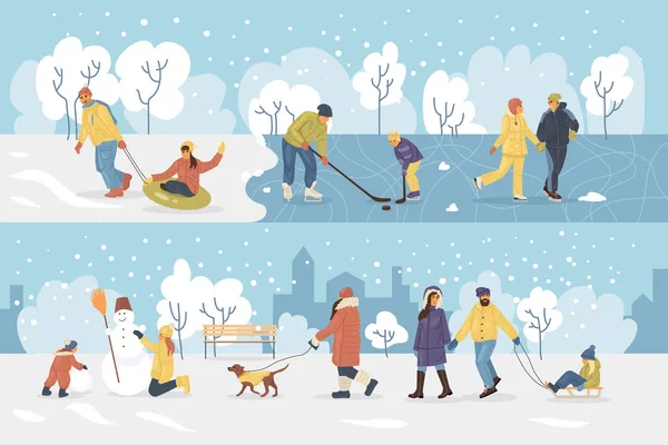 Kış Parkındaki Aktif Insanlar Mutlu Aile Yürüyüşleri Kızakta Çocuk Sürüşleri — Stok Vektör