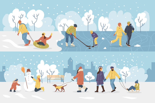 Active people in the winter park. Happy family walking and ride child on the sled. People in the park, children playing in the park, making snowman, skating, playing hockey, walking dog cartoon vector
