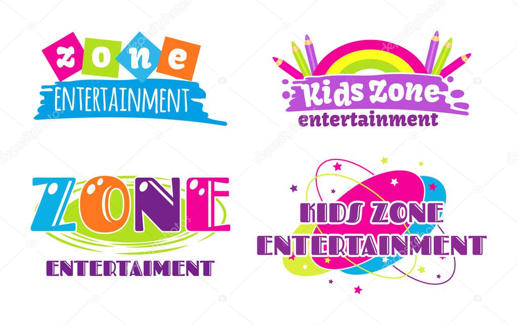 Kids zone fun day entertainment set childish banner label sticker badge logo. Cartoon colorful logo for children's playroom decoration, fun play, kids zone vector illustration