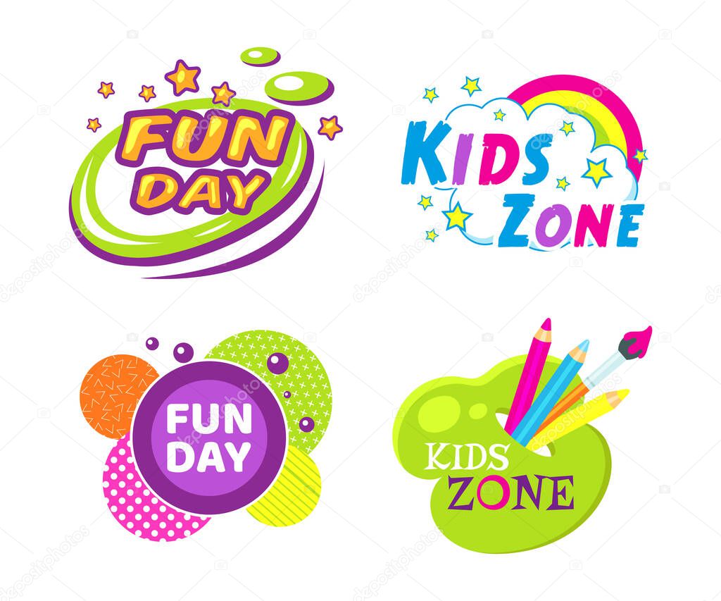 Kids zone fun day entertainment set childish banner label sticker badge logo. Cartoon colorful logo for children's playroom decoration, fun play, kids zone vector illustration